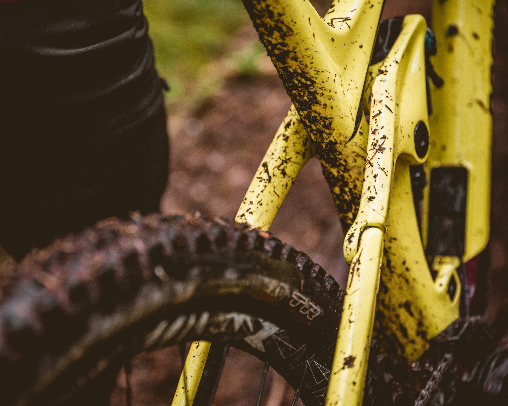Nahaufnahme eines gelben, schlammbedeckten Mountainbike-Rahmens und Hinterreifens, der die Spuren einer herausfordernden Fahrt zeigt. Dieses Bild unterstreicht die raue Natur des Mountainbikens.